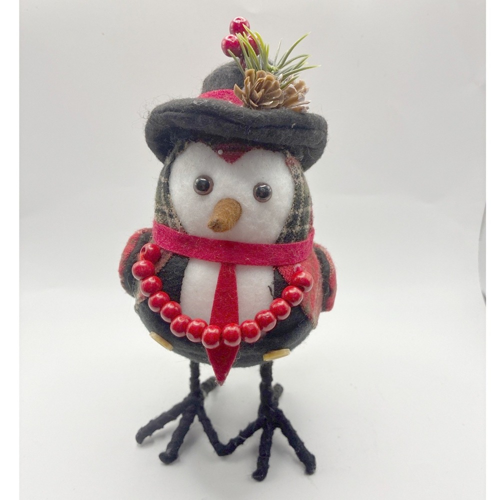 Holiday Time Christmas Bird Figurine 8" Red Plaid Top Hat Beaded Garland NWT